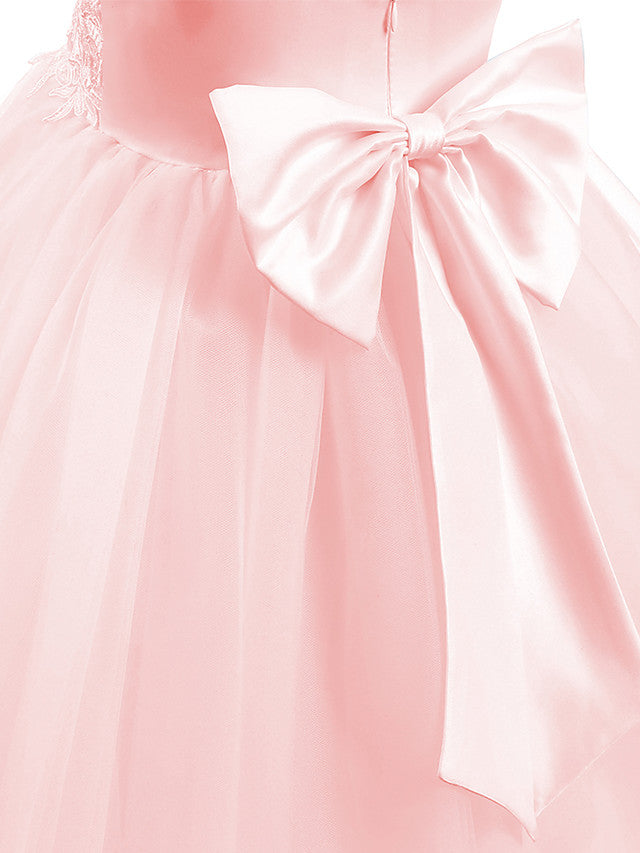 V Neck Short Length Flower Girl Dress with Bow Appliques in Taffeta Tulle