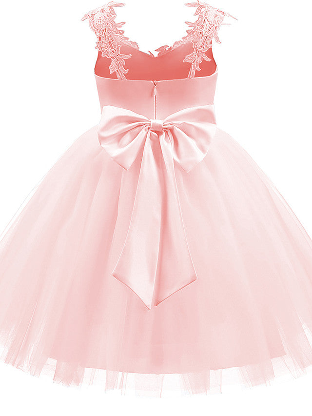V Neck Short Length Flower Girl Dress with Bow Appliques in Taffeta Tulle