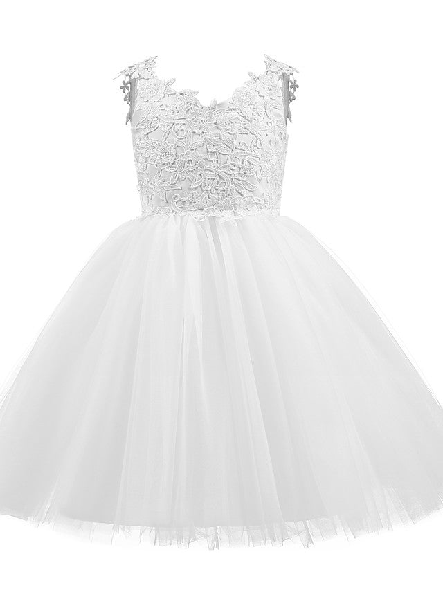 V Neck Short Length Flower Girl Dress with Bow Appliques in Taffeta Tulle