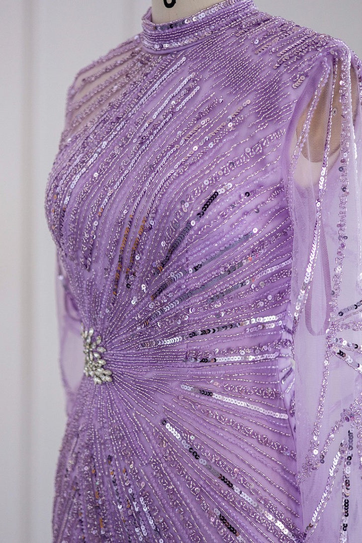 Violet High Neck Mermaid Evening Dress with Tulle Long Sleeves and Sparkle Appliques
