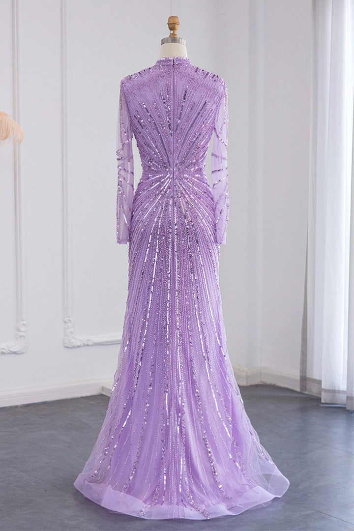 Violet High Neck Mermaid Evening Dress with Tulle Long Sleeves and Sparkle Appliques