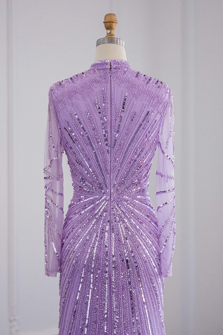 Violet High Neck Mermaid Evening Dress with Tulle Long Sleeves and Sparkle Appliques