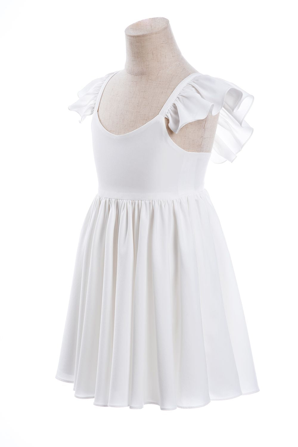 White A-Line Cap Sleeves Flower Girl Dress with Pleated Ruffles