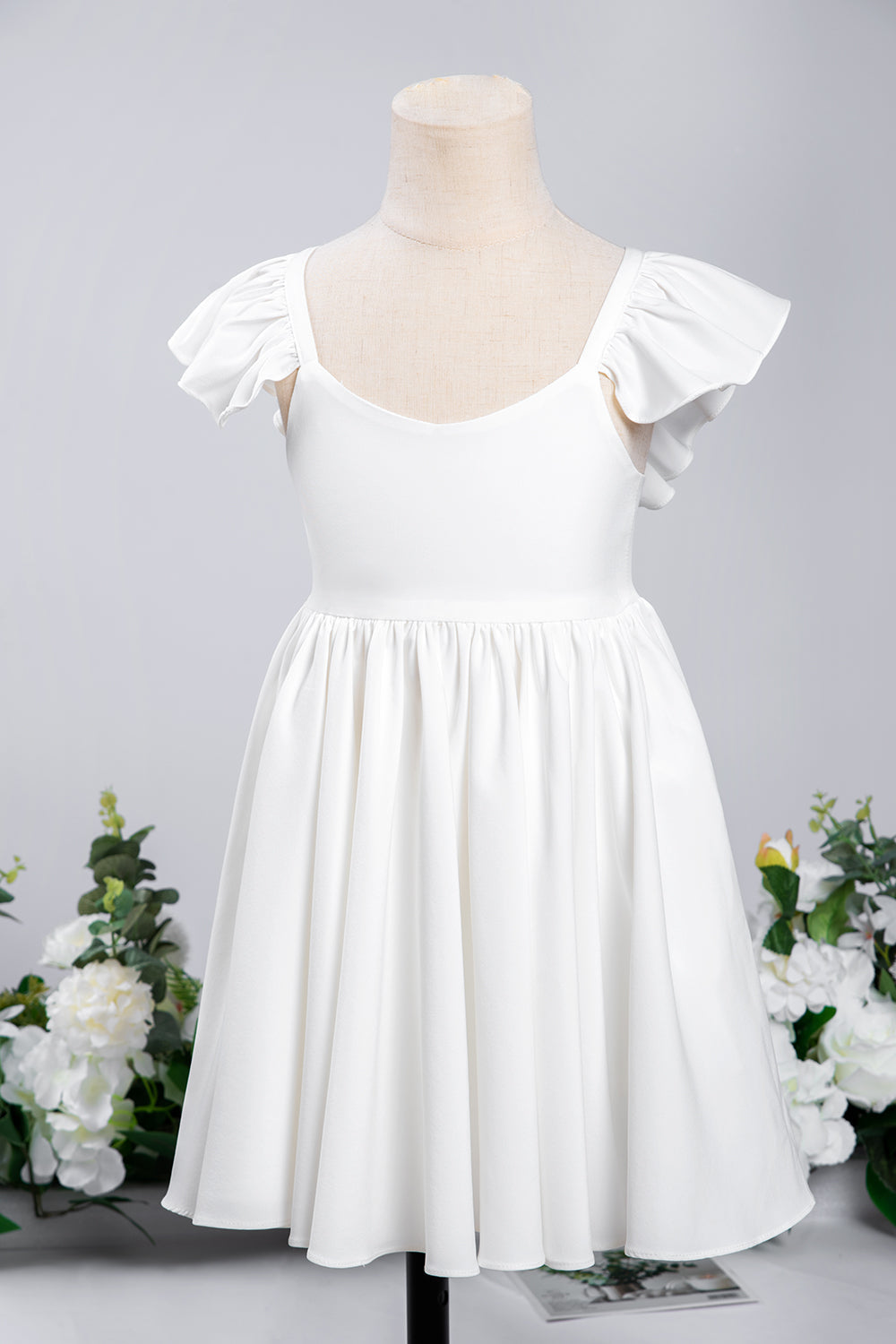 White A-Line Cap Sleeves Flower Girl Dress with Pleated Ruffles
