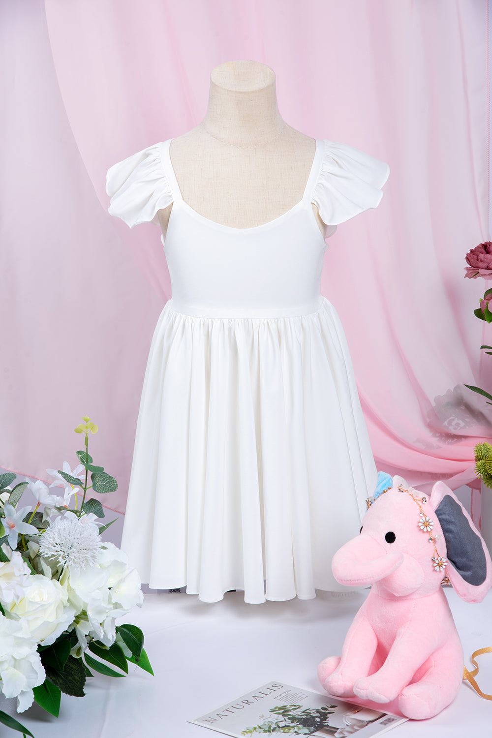 White A-Line Cap Sleeves Flower Girl Dress with Pleated Ruffles