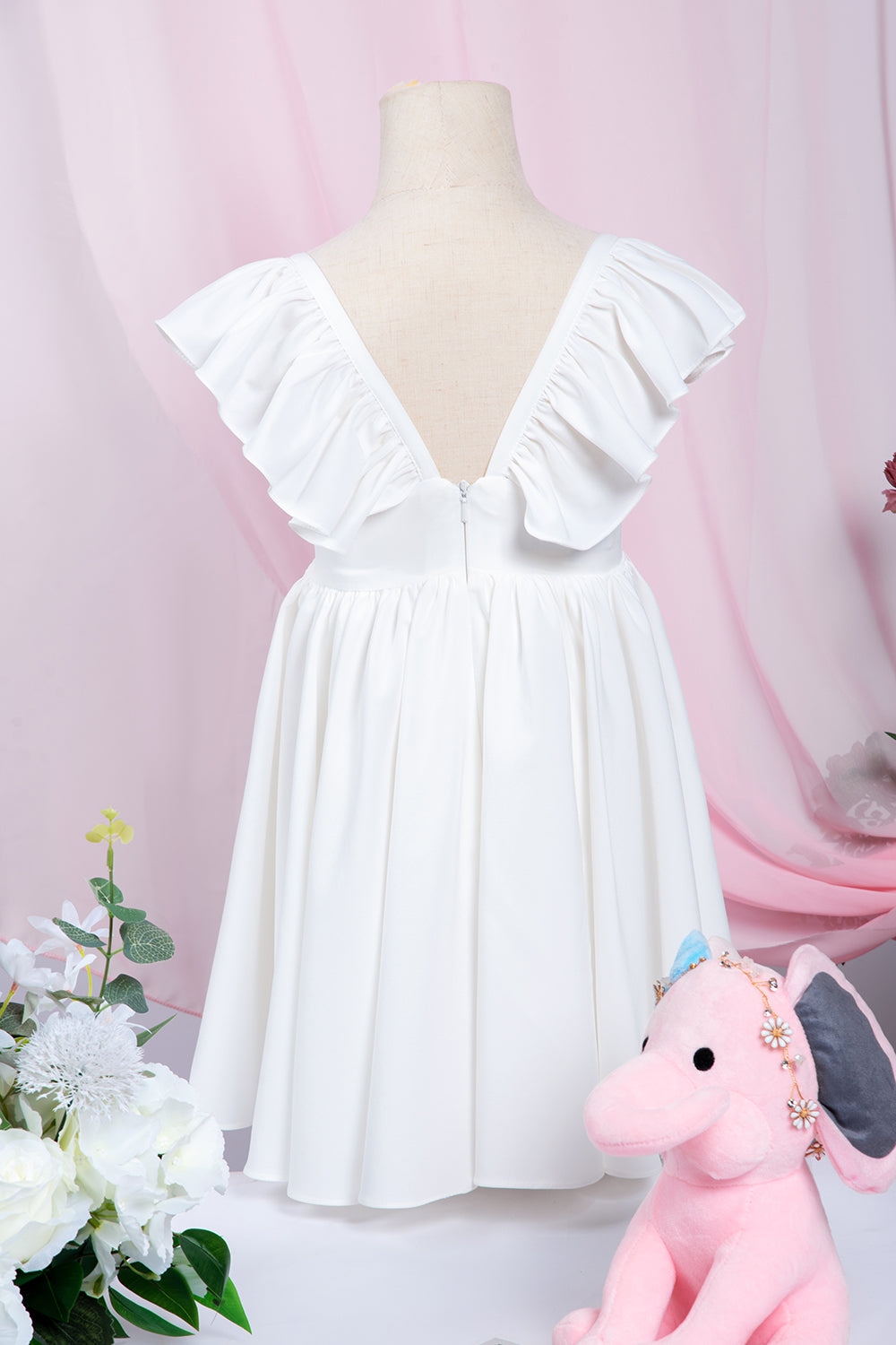 White A-Line Cap Sleeves Flower Girl Dress with Pleated Ruffles