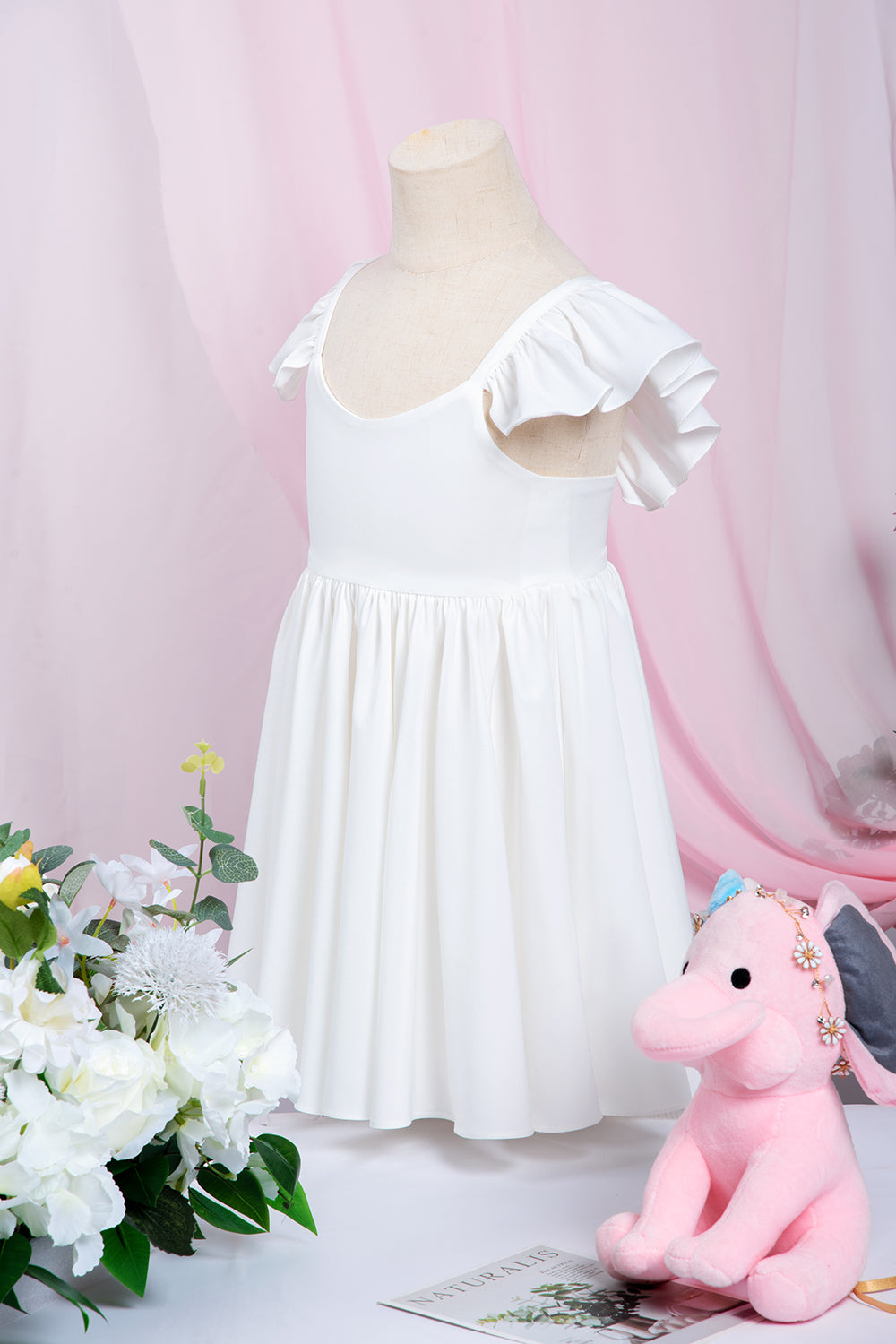 White A-Line Cap Sleeves Flower Girl Dress with Pleated Ruffles