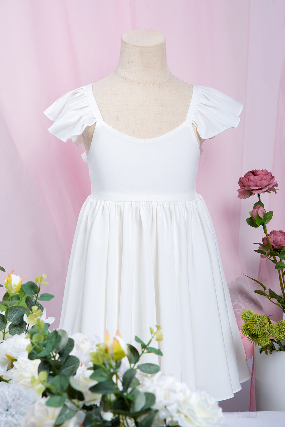 White A-Line Cap Sleeves Flower Girl Dress with Pleated Ruffles