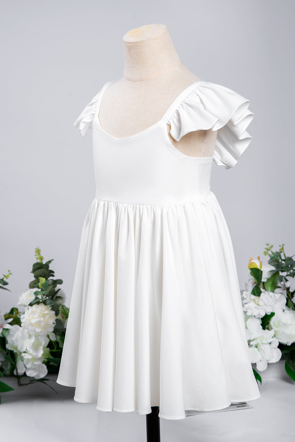 White A-Line Cap Sleeves Flower Girl Dress with Pleated Ruffles