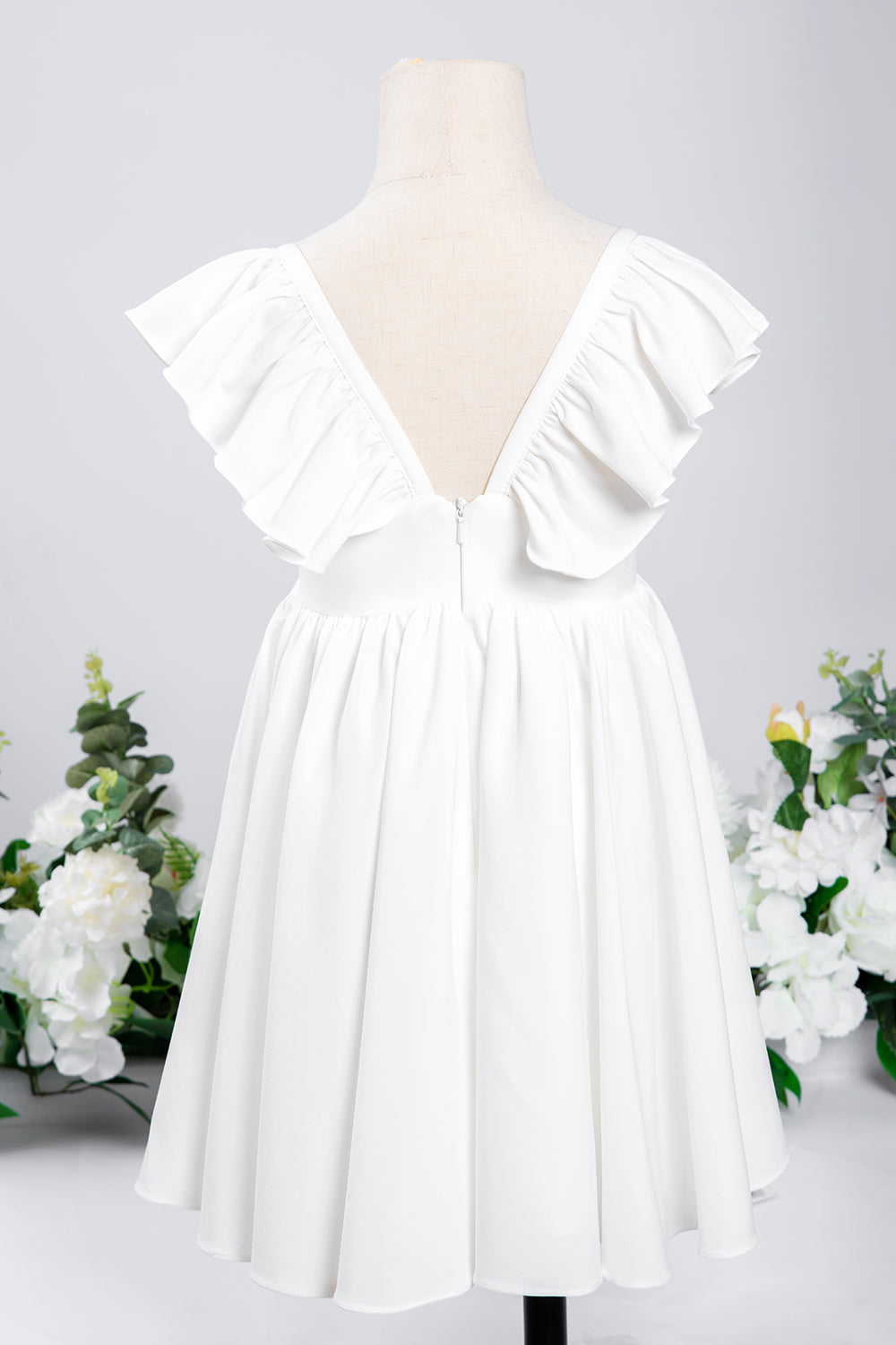 White A-Line Cap Sleeves Flower Girl Dress with Pleated Ruffles