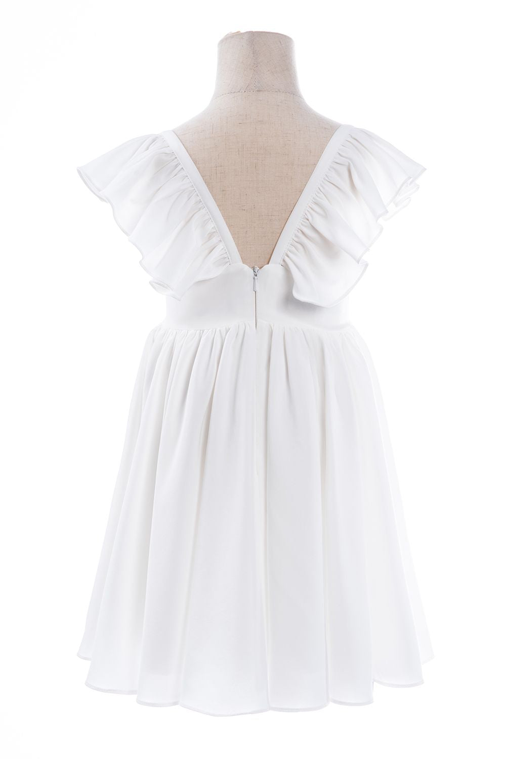 White A-Line Cap Sleeves Flower Girl Dress with Pleated Ruffles