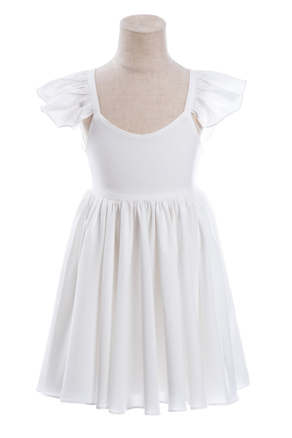 White A-Line Cap Sleeves Flower Girl Dress with Pleated Ruffles