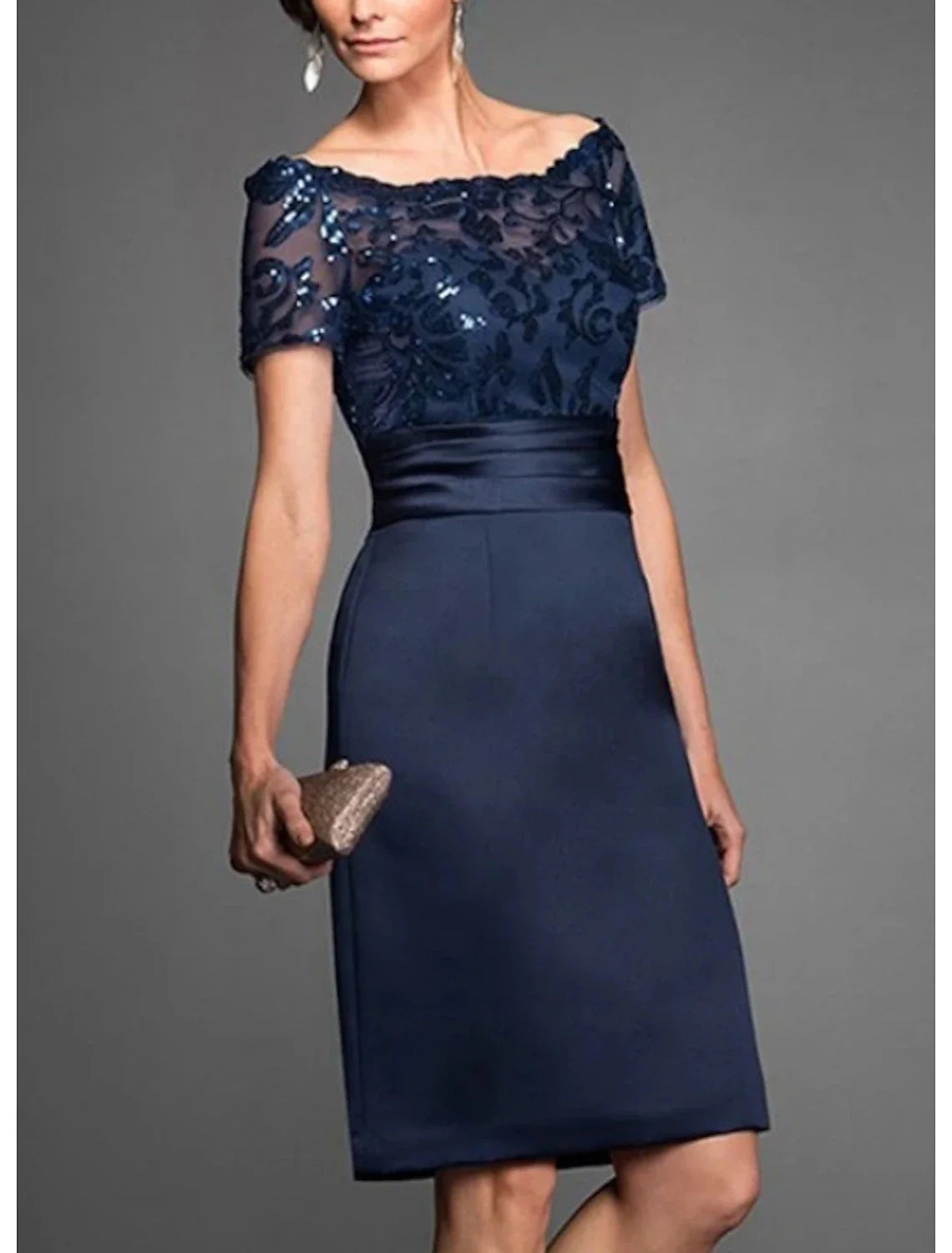 Sheath / Column Mother of the Bride Dress Wedding Guest Elegant Off Shoulder Knee Length Chiffon Lace Tulle Short Sleeve with Lace Sequin