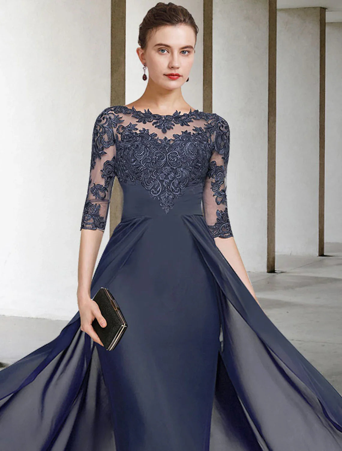 Sheath / Column Mother of the Bride Dress Elegant Plus Size Jewel Neck V Neck Floor Length Chiffon Lace Half Sleeve with Ruched Appliques