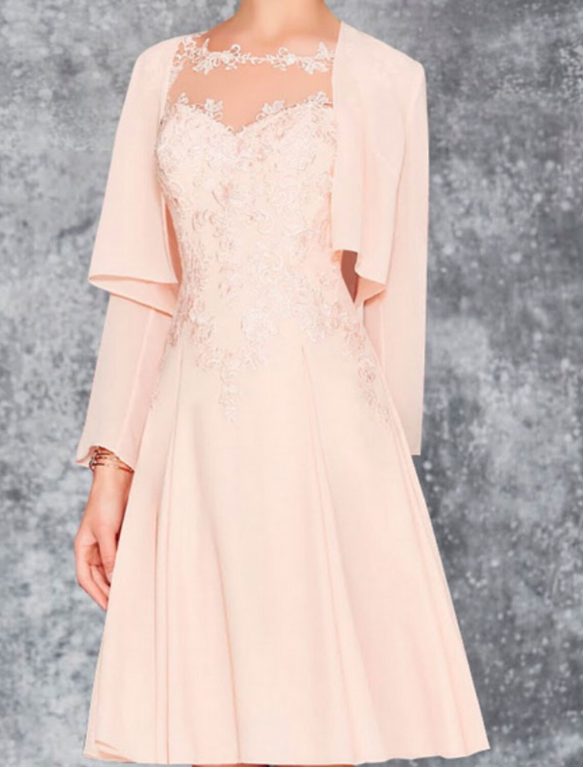 A-Line Mother of the Bride Dress Wedding Guest Jewel Neck Knee Length Chiffon Lace Long Sleeve Wrap Included with Appliques Ruching