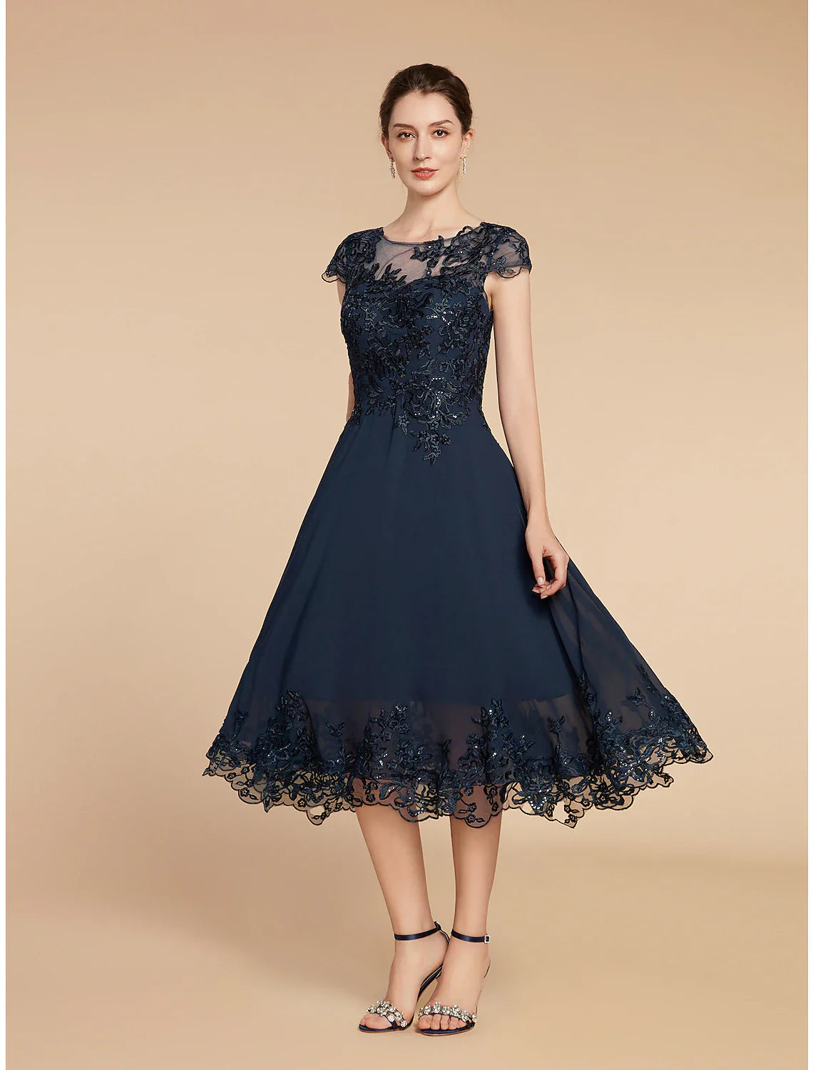 A-Line Mother of the Bride Dress Formal Wedding Guest Elegant Vintage Scoop Neck Tea Length Lace 3/4 Length Sleeve with Sequin Appliques