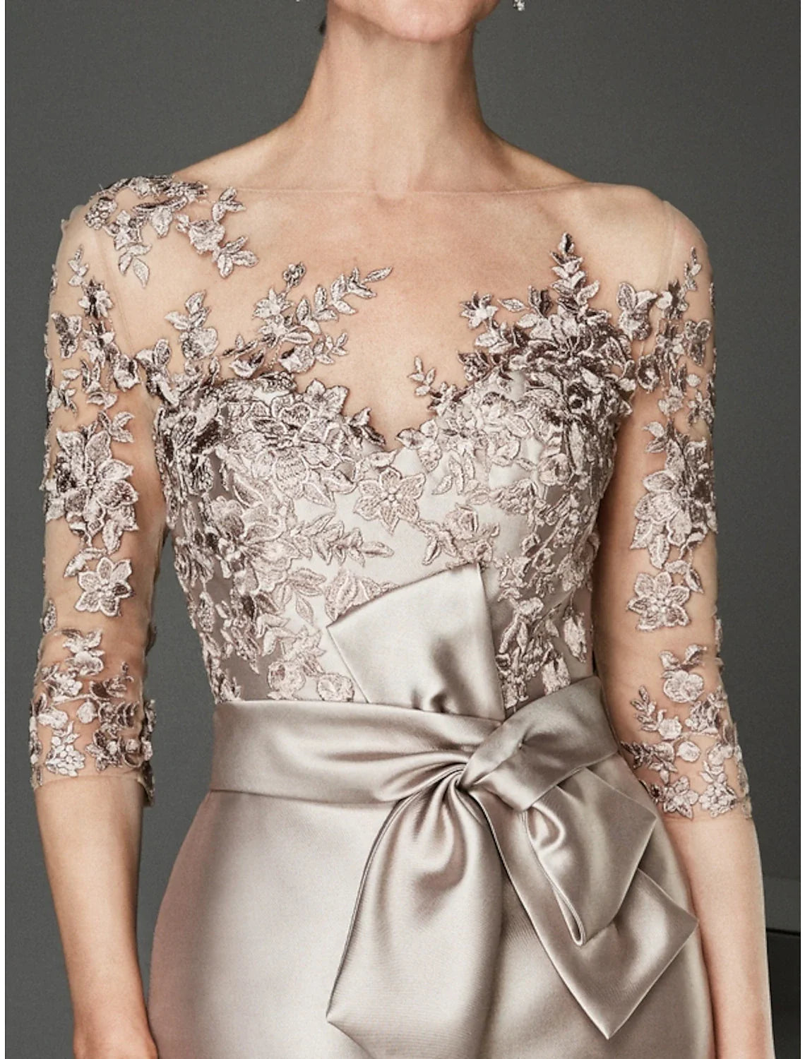 Sheath / Column Mother of the Bride Dress Wedding Guest Elegant Plus Size See Through Bateau Neck Knee Length Satin Tulle Half Sleeve with Beading Ruffles