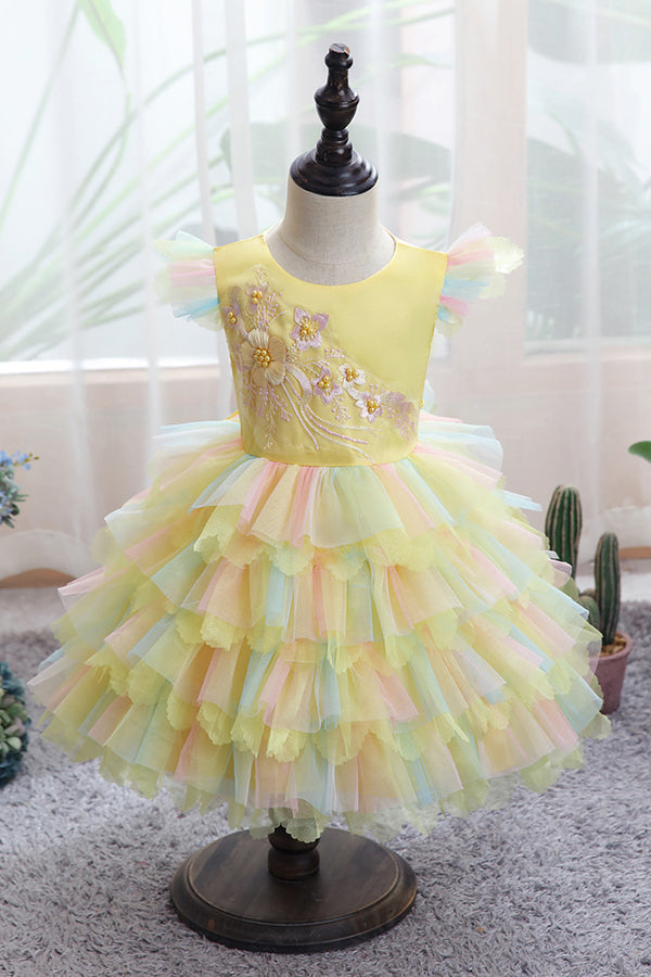 Yellow Tulle Ruffles Flower Girl Dress for Weddings with Appliques