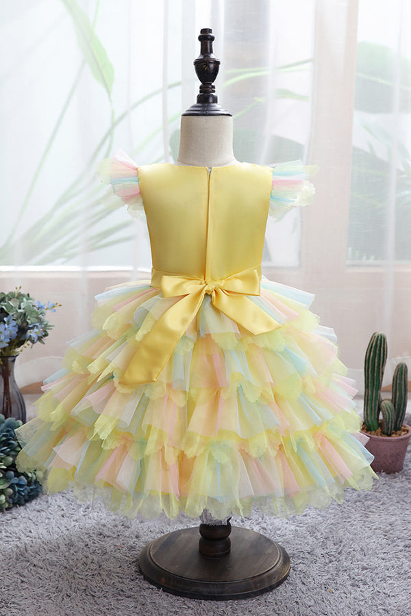 Yellow Tulle Ruffles Flower Girl Dress for Weddings with Appliques