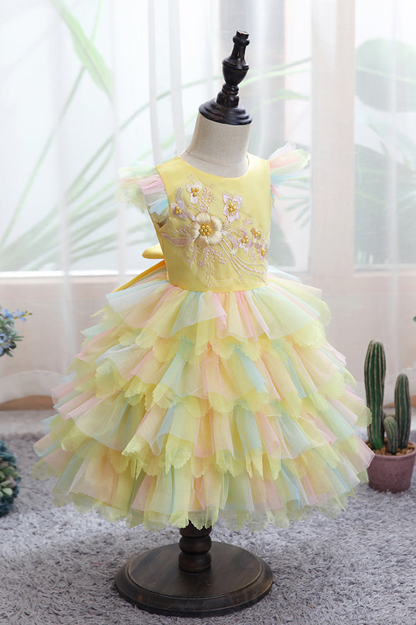 Yellow Tulle Ruffles Flower Girl Dress for Weddings with Appliques