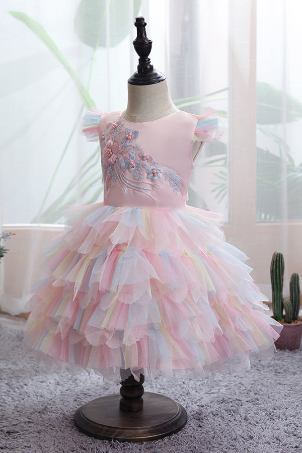 Yellow Tulle Ruffles Flower Girl Dress for Weddings with Appliques