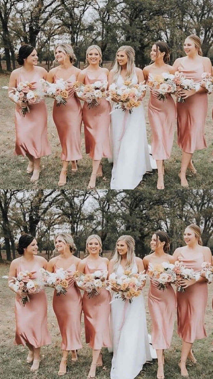 Spaghetti Straps Cowl Neck Tea-Length Champagne Bridesmaid Dress