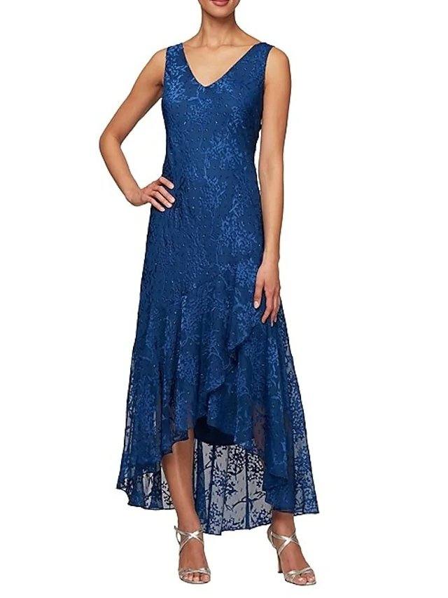 A-Line Mother of the Bride Dress Sexy V Neck Asymmetrical Lace 3/4 Length Sleeve with Pleats - RongMoon