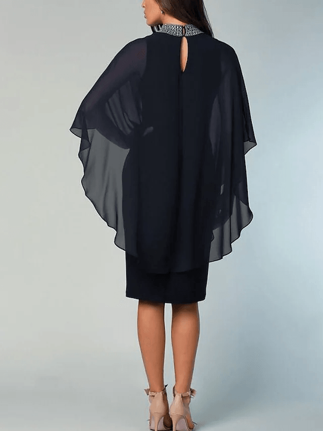 Sheath / Column Mother of the Bride Dress Elegant High Neck Knee Length Chiffon Half Sleeve with Crystals - RongMoon