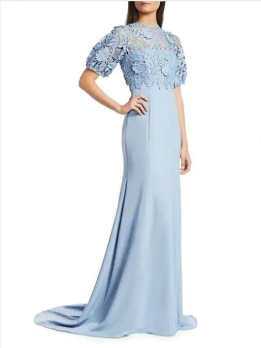 Sheath / Column Mother of the Bride Dress Elegant Jewel Neck Sweep / Brush Train Polyester Short Sleeve with Appliques - RongMoon