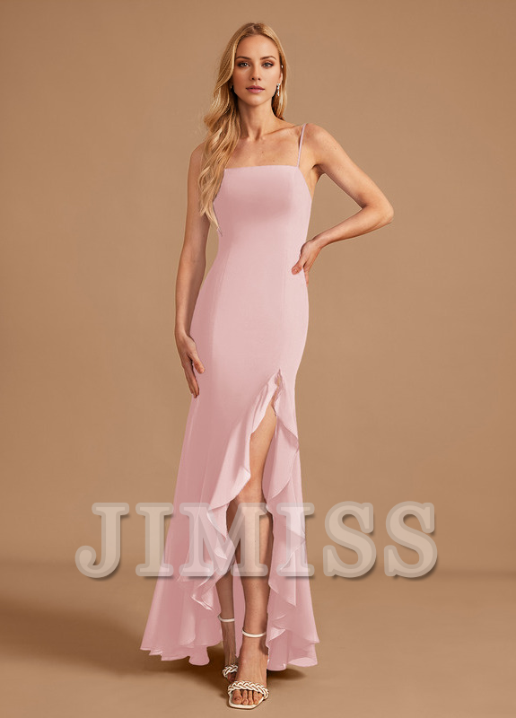 Trumpet Fishtail Square Floor Length Chiffon Ruffle Bridesmaid Dress