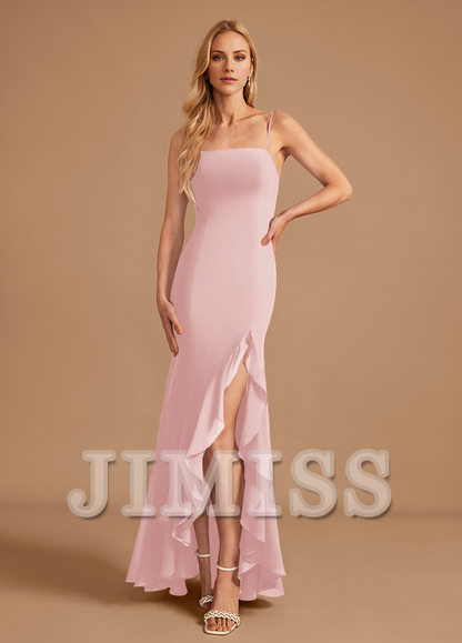 Trumpet Fishtail Square Floor Length Chiffon Ruffle Bridesmaid Dress