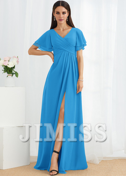 A-line V-neck floor-length chiffon bridesmaid dress