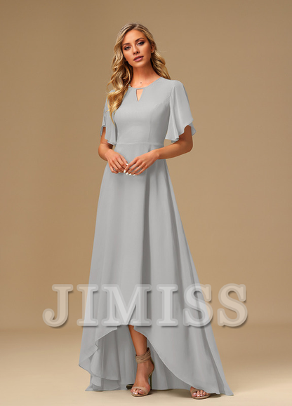 Ruffled A-line Boat Neck Asymmetric Chiffon Bridesmaids Dress