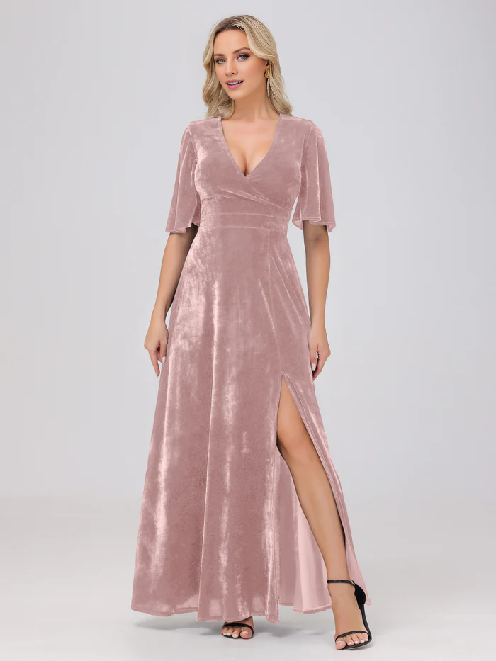 A-line V-neck short sleeved slit velvet and floor length bridesmaid dress
