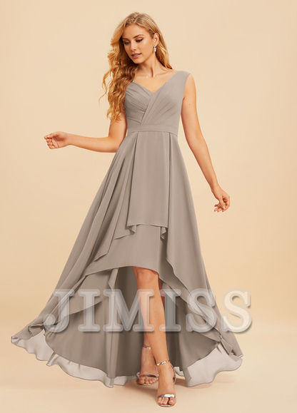 A-Line V-Neck Asymmetric Ruffle Chiffon Bridesmaids Dress