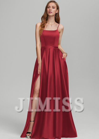 A-Line Square Floor Length Satin Bridesmaids Dress