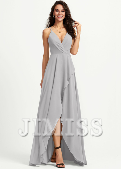 A-line V-neck asymmetric chiffon bridesmaid dress