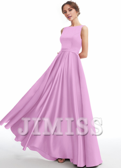 A-line Scoop Neck Floor Length Satin Bridesmaids Dress