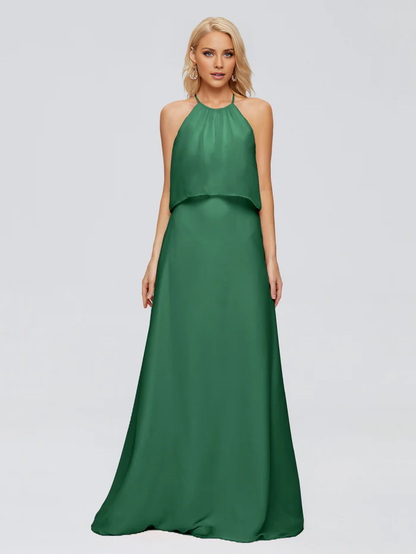 Post neck chiffon and floor length bridesmaid dress