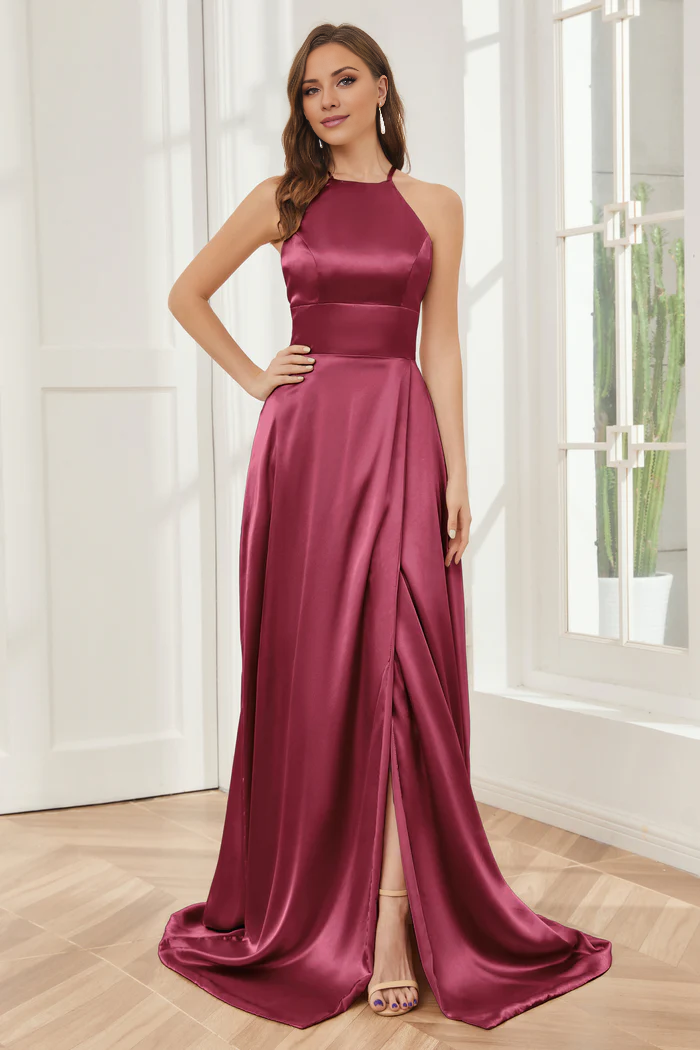 Column neck hanging soft satin and floor length bridesmaid dress