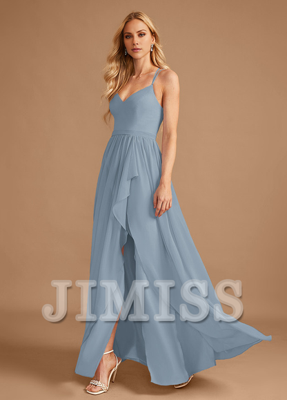 A-Line V-Neck Asymmetric Ruffle Chiffon Bridesmaids Dress