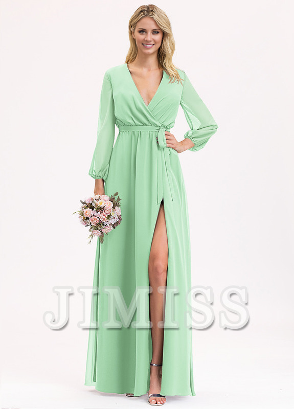 A-Line V-Neck Floor Length Chiffon Bow Pleated Bridesmaids Dress