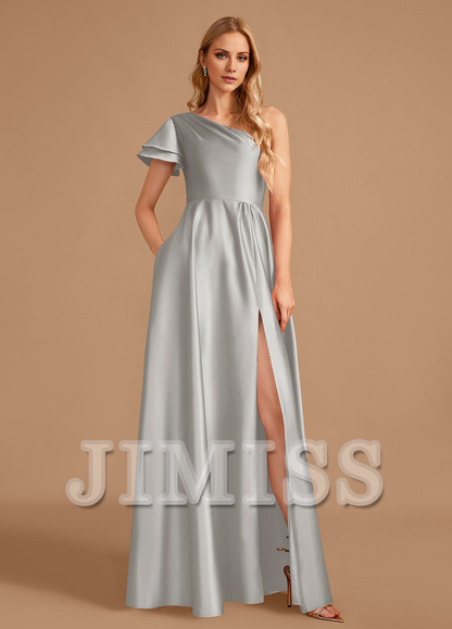 A-line one-shoulder floor-length satin bridesmaid dress