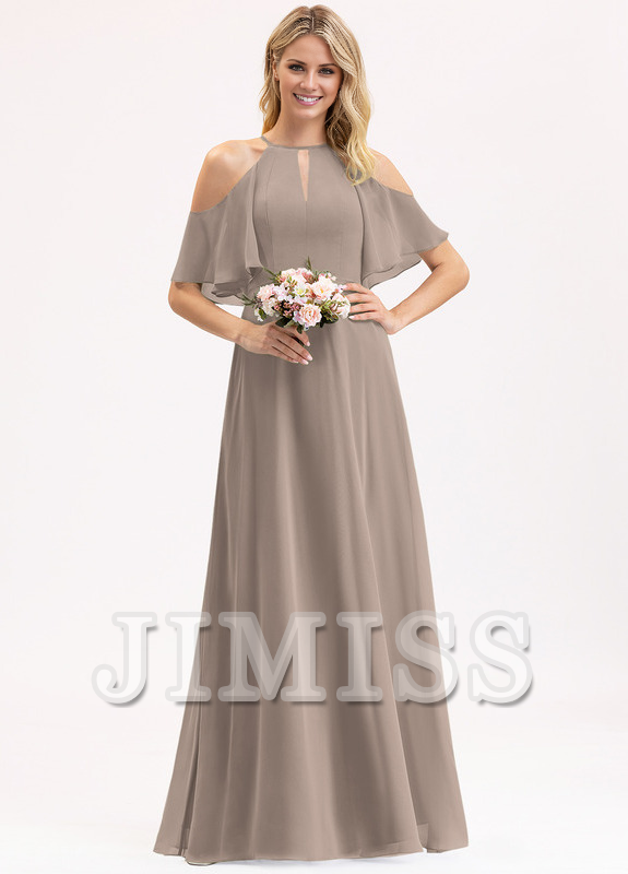 A-line off-the-shoulder scoop neck floor-length chiffon bridesmaid dress