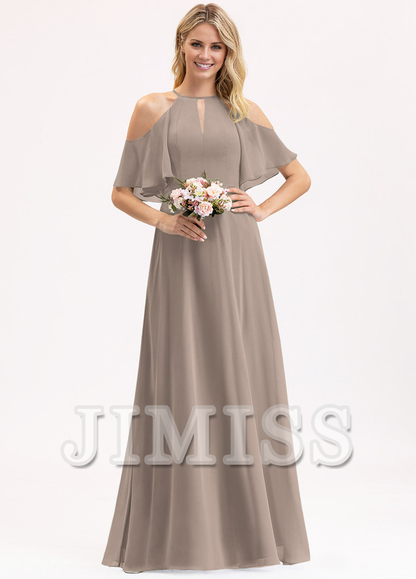 A-line off-the-shoulder scoop neck floor-length chiffon bridesmaid dress