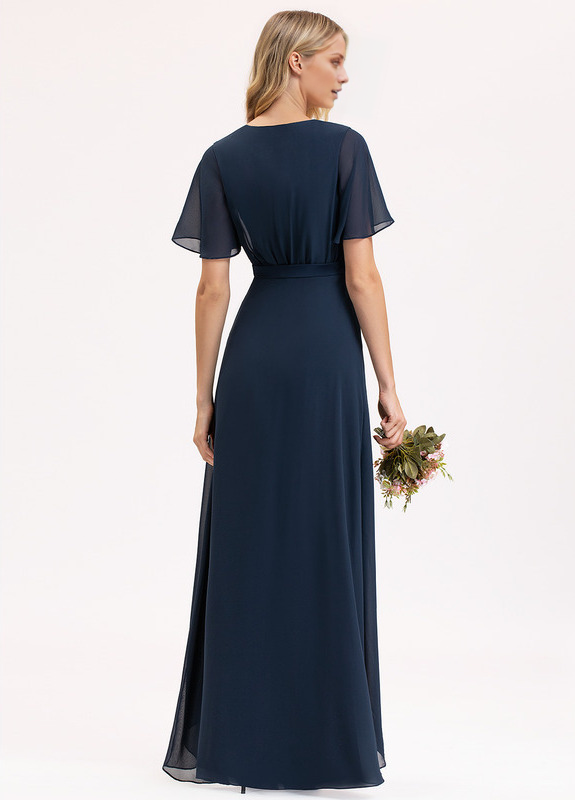 A-line V-neck asymmetric bow pleated chiffon bridesmaid dress