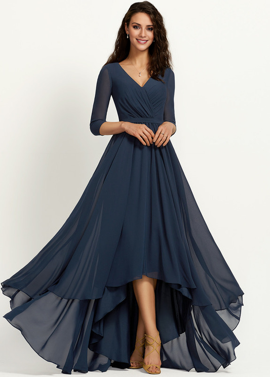 A-line V-neck asymmetric pleated chiffon bridesmaid dress
