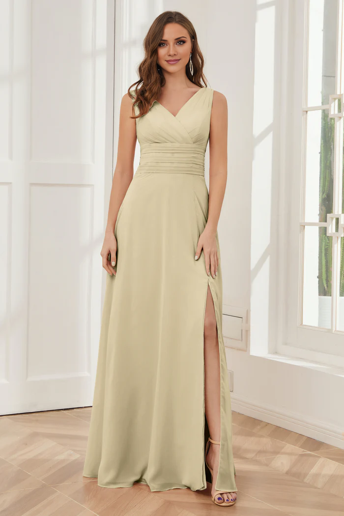 V-neck sleeveless chiffon side slit and floor length bridesmaid dress
