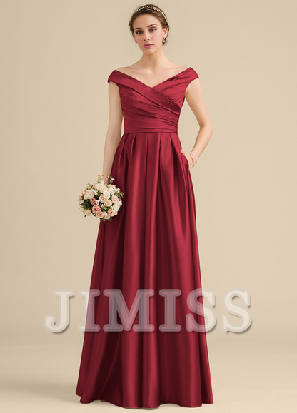 Ruffled A-Line Off-The-Shoulder Floor-Length Satin Bridesmaids Dress