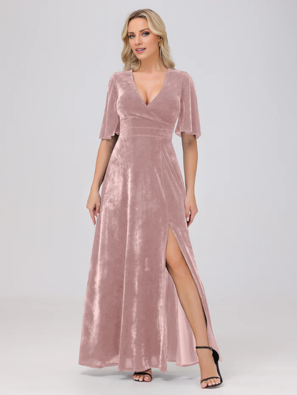A-line V-neck short sleeved slit velvet and floor length bridesmaid dress